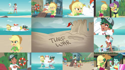 Size: 1280x721 | Tagged: safe, editor:quoterific, imported from derpibooru, applejack, bulk biceps, lyra heartstrings, human, equestria girls, equestria girls series, turf war, clothes, crying, swimsuit