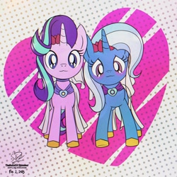 Size: 1920x1920 | Tagged: safe, artist:theratedrshimmer, imported from derpibooru, starlight glimmer, trixie, pony, unicorn, :3, blushing, cute, duo, duo female, female, heart, lesbian, shipping, smiling, startrix