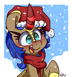 Size: 2200x2352 | Tagged: safe, artist:lou, imported from derpibooru, oc, oc only, oc:cobalt flame, kirin, christmas, clothes, cloven hooves, hat, holiday, kirin oc, santa hat, scarf, snow, snowfall, solo