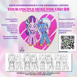 Size: 1280x1280 | Tagged: safe, artist:theratedrshimmer, imported from derpibooru, starlight glimmer, trixie, pony, unicorn, advertisement, clothes, commission, commission info, dress, female, lesbian, shipping, startrix, wedding dress, your character here