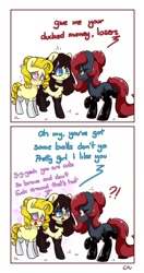 Size: 928x1760 | Tagged: safe, artist:lou, imported from derpibooru, oc, oc only, oc:candice, oc:jessi-ka, oc:trish, earth pony, pony, blushing, bully, bullying, clothes, comic, dialogue, earth pony oc, exclamation point, eyeshadow, female, floating heart, heart, interrobang, lesbian, makeup, mare, question mark, simple background, socks, vulgar, white background