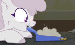 Size: 728x437 | Tagged: safe, artist:fuckomcfuck, edit, edited screencap, imported from derpibooru, screencap, oc, oc:dust bunny, earth pony, pony, discovery family, discovery family logo, dust, dustpan, logo, solo, unshorn fetlocks