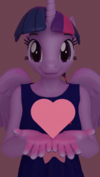 Size: 600x1067 | Tagged: safe, artist:kamimation, imported from derpibooru, twilight sparkle, alicorn, anthro, 3d, animated, blender, clothes, gif, heart, looking at you, smiling, solo, twilight sparkle (alicorn)
