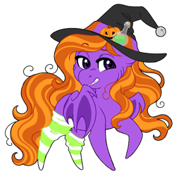 Size: 1024x1037 | Tagged: safe, artist:azure-art-wave, imported from derpibooru, oc, oc only, oc:witches brew, bat pony, pony, chibi, clothes, female, hat, mare, simple background, socks, solo, striped socks, transparent background, witch hat