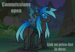 Size: 700x486 | Tagged: safe, artist:kichimina, imported from derpibooru, oc, oc only, oc:kryostasis, changeling, pony, unicorn, advertisement, animated, black skin, blue eyes, blue hair, blue mane, changeling oc, changeling wings, colored, commission, commission info, commissions open, disguise, disguised changeling, fangs, flapping wings, forest, full body, gif, greeting, grin, hair, happy, hooves, horn, looking at you, loop, male, mane, night, one eye closed, perfect loop, plant, raised hoof, shapeshifting, show accurate, signature, smiling, solo, spread wings, stallion, tail, teeth, text, transformation, tree, unicorn oc, vector, waving, wings, wink, yellow mane