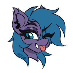 Size: 2000x2000 | Tagged: safe, artist:sickly-sour, imported from derpibooru, oc, oc only, oc:belfry towers, bat pony, pony, bat pony oc, bust, ear piercing, earring, eye clipping through hair, eyebrows, eyebrows visible through hair, fangs, jewelry, one eye closed, piercing, portrait, simple background, solo, white background, wink