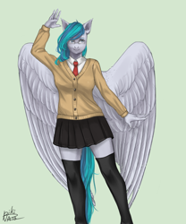 Size: 3000x3600 | Tagged: safe, artist:p i k i n a s 13, imported from derpibooru, oc, oc:vinyl dask, anthro, pegasus, clothes, glasses, school uniform, schoolgirl, skirt, solo, stockings, thigh highs, wings