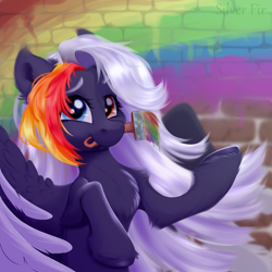 Size: 3000x3000 | Tagged: safe, artist:silverfir, imported from derpibooru, oc, oc only, pegasus, pony, brick wall, chest fluff, ear fluff, flowing mane, fluffy, heterochromia, hoof fluff, hooves, long mane, looking at you, paint, paintbrush, painting, raised hoof, smiling, smiling at you, solo, spread wings, unshorn fetlocks, wings