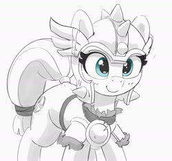 Size: 1740x1635 | Tagged: safe, artist:pabbley, imported from derpibooru, sun cross, pony, unicorn, armor, cute, female, grayscale, guardsmare, helmet, mare, mighty helm, monochrome, partial color, pauldron, royal guard, simple background, smiling, solo, white background