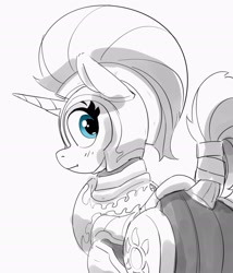 Size: 1794x2095 | Tagged: safe, artist:pabbley, imported from derpibooru, silver sable, pony, unicorn, armor, blushing, butt, dock, female, grayscale, guardsmare, knight, looking at you, looking back, looking back at you, mare, monochrome, partial color, plot, royal guard, simple background, solo, tail, unicorn royal guard, white background