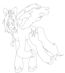 Size: 925x1038 | Tagged: safe, artist:maggot, imported from derpibooru, oc, oc only, alicorn, alicorn oc, black and white, grayscale, horn, looking at you, monochrome, open mouth, raised hoof, raised leg, simple background, solo, spread wings, unshorn fetlocks, white background, wings