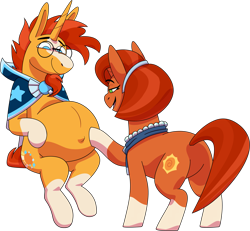 Size: 2319x2143 | Tagged: safe, anonymous artist, imported from derpibooru, stellar flare, sunburst, pony, unicorn, belly, belly button, big belly, butt, cloak, clothes, commission, commissioner:reversalmushroom, facial hair, female, fetish, glasses, goatee, jewelry, male, male pregnancy, mare, mother, mother and child, mother and son, necklace, outie belly button, plot, pregnant, scarf, simple background, smiling, sunburst's cloak, transparent background