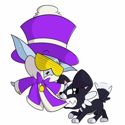 Size: 4000x4000 | Tagged: safe, artist:mrneo, imported from derpibooru, cap (tfh), dog, winter sprite, them's fightin' herds, biting, community related, duo, eyebrows, hat, open mouth, puppy, raised eyebrow, simple background, tail, tail wag, top hat, white background