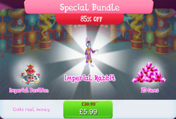 Size: 1264x859 | Tagged: safe, imported from derpibooru, anthro, rabbit, animal, bonsai, bundle, clothes, costs real money, english, facial hair, gameloft, gem, hat, mobile game, moustache, my little pony: magic princess, numbers, official, sale, solo, solo focus, text, unnamed character, unnamed rabbit, water