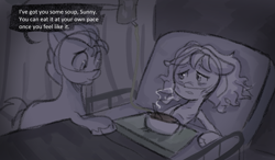 Size: 1195x697 | Tagged: safe, anonymous artist, imported from derpibooru, hitch trailblazer, sunny starscout, earth pony, pony, series:anorexic sunny, anorexia, anorexic, bed, emaciated, food, g5, hospital bed, skinny, soup, starvation, thin
