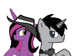 Size: 1024x768 | Tagged: safe, artist:discord73, imported from derpibooru, oc, oc only, oc:reverb, oc:showtime, alicorn, unicorn, alicorn oc, duo, duo male and female, female, hat, horn, looking at each other, looking at someone, male, mare, request, simple background, unicorn oc, white background, wings