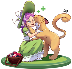 Size: 2048x1960 | Tagged: safe, artist:applephil, imported from derpibooru, diamond tiara, cat, human, persian, basket, clothes, crossover, cute, diamondbetes, dress, female, hat, humanized, lady, nuzzling, poké ball, pokémon, pokémon trainer, simple background, sun hat, white background