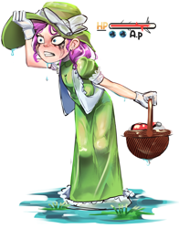Size: 2048x2610 | Tagged: safe, artist:applephil, imported from derpibooru, diamond tiara, human, basket, clothes, dress, eyeshadow, female, gloves, hat, humanized, life bar, makeup, poké ball, pokémon, puddle, running makeup, simple background, solo, sun hat, wet, wet clothes, white background