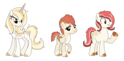 Size: 1024x502 | Tagged: safe, artist:x--xriverx--x, imported from derpibooru, oc, oc only, earth pony, pegasus, pony, unicorn, base used, coat markings, colored hooves, earth pony oc, female, freckles, horn, male, mare, offspring, parent:big macintosh, parent:flash magnus, parent:fleur-de-lis, parent:fluttershy, parent:prince blueblood, parent:rainbow dash, parents:dashmagnus, parents:fleur-de-blueblood, parents:fluttermac, pegasus oc, simple background, stallion, trio, unicorn oc, white background