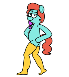 Size: 1275x1414 | Tagged: safe, artist:professorventurer, imported from derpibooru, earth pony, pony, bipedal, clothes, cursed, g5, human legs, jazz hooves, legs, simple background, smug, socks, stocking feet, thigh highs, white background, yellow socks