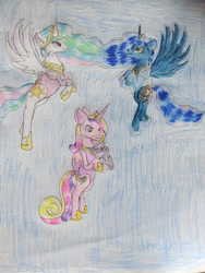 Size: 774x1032 | Tagged: safe, artist:goldheart1, imported from derpibooru, princess cadance, princess celestia, princess flurry heart, princess luna, alicorn, pony, clothes, floating, flying, holding a pony, jetpack, leotard, sky, sky background, sleeping, traditional art