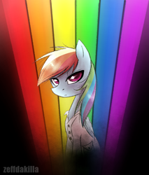 Size: 1700x2000 | Tagged: safe, artist:zeffdakilla, imported from derpibooru, rainbow dash, pegasus, pony, fanfic:rainbow factory, fanfic art, looking at you, rainbow, sitting, solo
