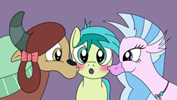 Size: 1920x1080 | Tagged: safe, artist:platinumdrop, imported from derpibooru, sandbar, silverstream, yona, earth pony, hippogriff, pony, yak, :o, blushing, cheek kiss, female, kiss sandwich, kissing, lucky bastard, male, open mouth, request, sandbar gets all the mares, sandstream, shipping, stallion, straight, surprised, yonabar