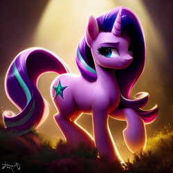 Size: 1536x1536 | Tagged: safe, generator:pony soup v1, imported from derpibooru, starlight glimmer, pony, unicorn, ai content, ai generated, generator:stable diffusion, looking at you, prompter:siber, solo, sunlight, wrong cutie mark