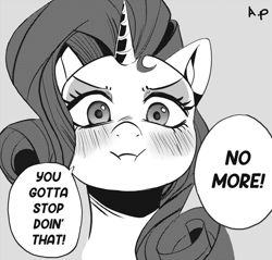 Size: 1914x1829 | Tagged: safe, artist:applephil, imported from derpibooru, rarity, pony, unicorn, black and white, blushing, bust, dialogue, female, frown, grayscale, looking at you, manga, mare, monochrome, ponified, ponified manga, puffy cheeks, solo, speech bubble