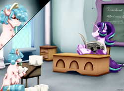 Size: 3376x2480 | Tagged: safe, artist:thebenalpha, imported from derpibooru, cozy glow, starlight glimmer, pegasus, pony, unicorn, a better ending for cozy, alternate scenario, punishment, ryoku verse, school, story included, test