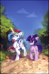 Size: 1323x1996 | Tagged: safe, artist:ramiras, imported from derpibooru, princess celestia, twilight sparkle, alicorn, pony, unicorn, fanfic:celestia xvii, alternate universe, apple, basket, blue sky, chest fluff, cloud, cute, cutelestia, dirt road, duo, duo female, fanfic art, female, fence, food, glasses, mare, meganekko, scratches, sky, tree, twiabetes, unicorn twilight