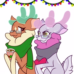 Size: 4000x4000 | Tagged: safe, artist:mrneo, imported from derpibooru, cashmere (tfh), oc, oc:mohair, deer, reindeer, them's fightin' herds, chocolate, christmas, clothes, community related, food, glasses, holiday, hot chocolate, marshmallow, mocash, scarf, simple background, tfh oc, white background