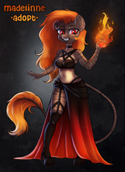 Size: 2150x2951 | Tagged: safe, artist:madelinne, imported from derpibooru, oc, anthro, adoptable, adoptable open, adoption, anthro oc, belly button, clothes, dress, fire, leonine tail, red hair, tail