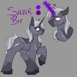 Size: 1000x1000 | Tagged: safe, artist:molars, imported from derpibooru, oc, oc only, oc:silver bit, pony, unicorn, fallout equestria, character design, doodle, long mane, magic, male, purple magic, scar, solo, stallion, unshorn fetlocks