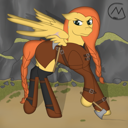 Size: 3200x3200 | Tagged: safe, artist:maître cervidé, imported from derpibooru, oc, oc:flame fever, pegasus, armor, axe, clothes, female, scar, solo, weapon