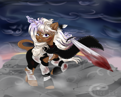 Size: 2000x1600 | Tagged: safe, artist:silverfir, imported from derpibooru, oc, pony, unicorn, angry, bandage, blood, clothes, cloud, facial scar, flowing mane, glowing, glowing horn, grin, horn, leonine tail, looking at you, magic, raised hoof, raised tail, rock, scar, scarf, sky, smiling, solo, sunset, sword, tail, telekinesis, weapon, wind