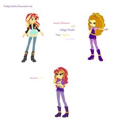 Size: 1426x1380 | Tagged: safe, artist:prettycelestia, imported from derpibooru, adagio dazzle, sunset shimmer, oc, oc:sunrise shine, equestria girls, belt buckle, boots, brown eyes, clothes, disguise, disguised siren, eyeshadow, four arms, fusion, fusion:adagio dazzle, fusion:sunsagio, fusion:sunset shimmer, gem, gloves, high heel boots, makeup, multiple arms, shoes, simple background, siren gem, white background