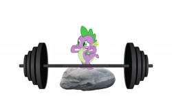 Size: 1800x1168 | Tagged: safe, imported from derpibooru, spike, dragon, party of one, barbell, flexing, rock, simple background, smiling, solo, weights, white background