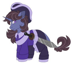 Size: 5897x5369 | Tagged: safe, artist:crazysketch101, imported from derpibooru, oc, oc only, oc:tenebris querilous, pony, unicorn, clothes, commission, simple background, solo, sword, transparent background, uniform, weapon