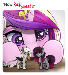 Size: 1084x1200 | Tagged: safe, artist:lailyren, imported from derpibooru, princess cadance, oc, oc:devilvoice, oc:madelinne, bat pony, earth pony, bat pony oc, commission, cute, cutedance, earth pony oc, food, heart, heart eyes, holiday, looking at each other, looking at someone, meme, now kiss, pizza, shipper on deck, valentine's day, wingding eyes, ych result