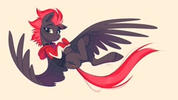 Size: 2048x1152 | Tagged: safe, artist:imalou, imported from derpibooru, oc, oc only, oc:cinder blaze, pegasus, pony, clothes, collar, ear piercing, female, flying, hoodie, looking at you, piercing, smiling, solo, spread wings, wings