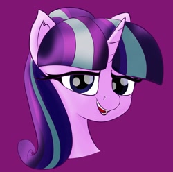 Size: 1346x1337 | Tagged: safe, artist:starfall119, imported from derpibooru, starlight glimmer, pony, unicorn, bust, looking at you, open mouth, open smile, s5 starlight, smiling, solo