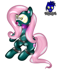 Size: 2806x3631 | Tagged: safe, alternate version, artist:damlanil, imported from derpibooru, fluttershy, latex pony, original species, pegasus, pony, alternate color palette, bdsm, bondage, bound wings, close-up, clothes, collar, cuffs, encasement, female, gas mask, heart, hypnogear, latex, living latex, mare, mask, mind control, restrained, rubber, rubber drone, rubber suit, shiny, shiny mane, show accurate, simple background, sitting, solo, story, story included, transformation, transparent background, vector, visor, wings