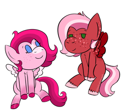 Size: 2200x2000 | Tagged: safe, artist:whimsicalseraph, imported from derpibooru, oc, oc only, oc:raspberry sorbet, oc:strawberry syrup, pegasus, chibi, colored wings, duo, duo female, female, missing cutie mark, pegasus oc, simple background, sitting, spread wings, transparent background, unshorn fetlocks, wings