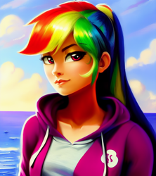 Size: 1024x1152 | Tagged: safe, generator:pony soup v2, imported from derpibooru, rainbow dash, human, ai content, ai generated, clothes, generator:stable diffusion, hoodie, humanized, looking at you, moderate dark skin, ocean, prompter:siber, sky, solo, water