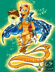 Size: 1024x1326 | Tagged: safe, artist:adhiguna, artist:johnathon-matthews, imported from derpibooru, sunburst, anthro, genie, unicorn, book, cape, clothes, cuffs (clothes), deviantart watermark, geniefied, gift art, glasses, magic, magic lamp, obtrusive watermark, present, solo, watermark