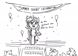 Size: 2054x1478 | Tagged: safe, artist:attila, imported from derpibooru, sunset shimmer, pony, unicorn, award, balloon, confetti, crowd, stage, trophy