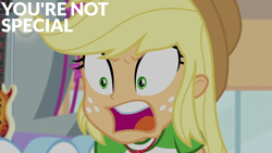 Size: 1920x1080 | Tagged: safe, edit, edited screencap, editor:quoterific, imported from derpibooru, screencap, applejack, human, equestria girls, equestria girls series, rollercoaster of friendship, angry, applejack is not amused, applejack's hat, applejerk, cowboy hat, female, freckles, hat, implied rarity, open mouth, solo, unamused, yelling