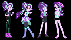 Size: 960x540 | Tagged: safe, artist:ajosterio, artist:amadondawn, imported from derpibooru, starlight glimmer, human, equestria girls, beanie, black background, boots, clothes, crystal guardian, cutie mark on clothes, eyeshadow, hat, human starlight, makeup, pants, ponied up, ponytail, ripped pants, s5 starlight, shirt, shoes, simple background, solo, torn clothes
