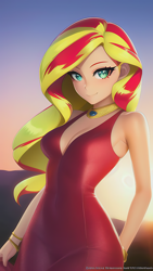 Size: 864x1536 | Tagged: safe, imported from derpibooru, sunset shimmer, human, ai content, ai generated, bare shoulders, bracelet, breasts, busty sunset shimmer, clothes, dress, generator:novelai, generator:stable diffusion, gold, humanized, jewelry, looking at you, necklace, prompter:sammykun, reasonably sized breasts, red dress, sexy, sleeveless, slim, smiling, tight clothing